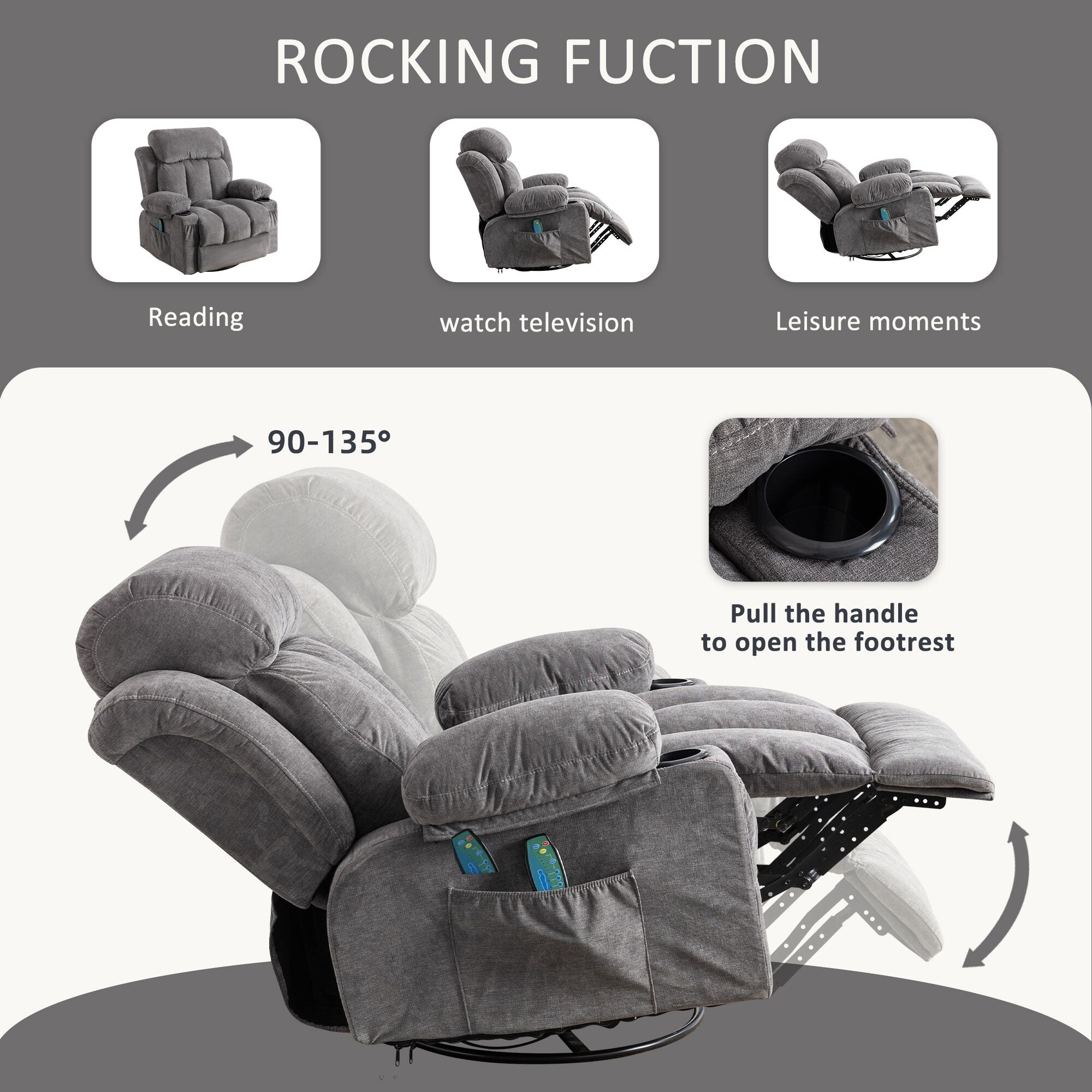 Poltrona reclinabile girevole a 360° con massaggio, riscaldamento, USB e portabicchieri