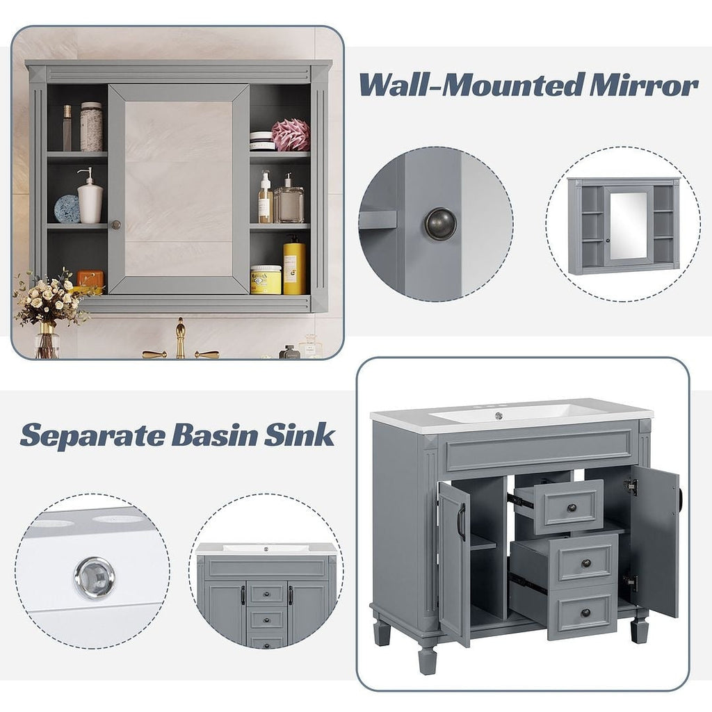 Mobile bagno moderno da 36'' con lavabo superiore e mobiletto a specchio, 2 ante e 2 cassetti