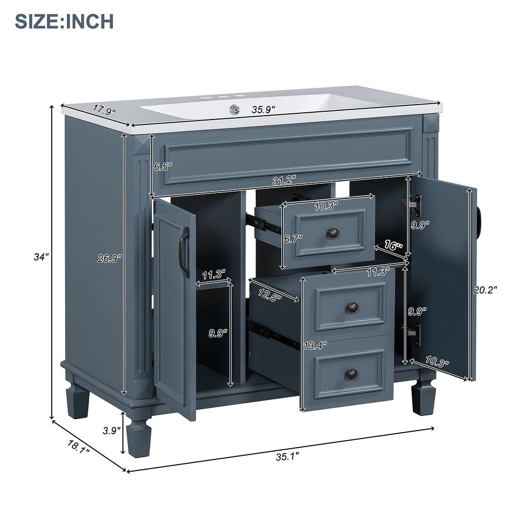 Mobile bagno moderno da 36'' con lavabo superiore e mobiletto a specchio, 2 ante e 2 cassetti