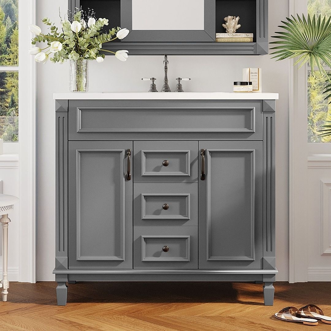 Mobile bagno moderno da 36'' con lavabo superiore e mobiletto a specchio, 2 ante e 2 cassetti