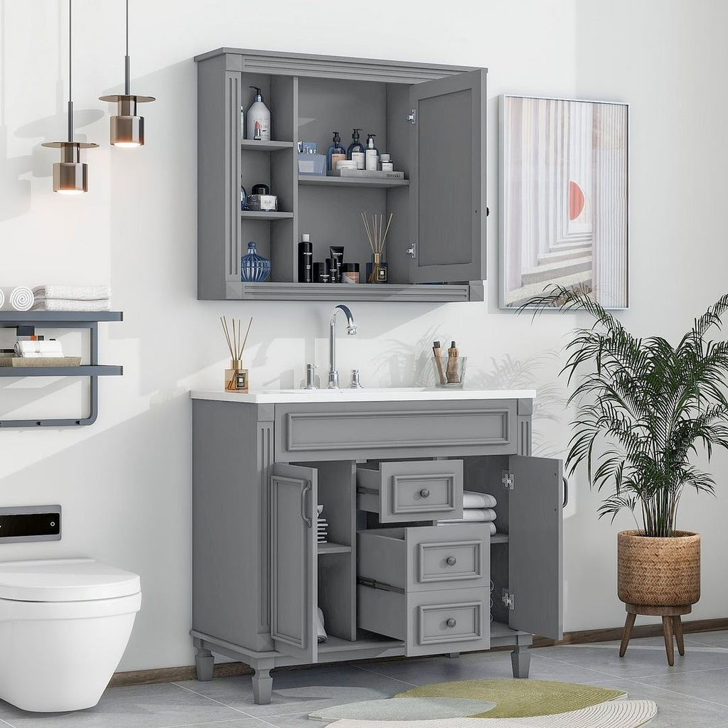 Mobile bagno moderno da 36'' con lavabo superiore e mobiletto a specchio, 2 ante e 2 cassetti
