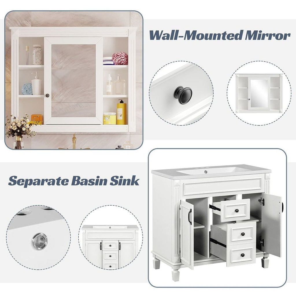 Mobile bagno moderno da 36'' con lavabo superiore e mobiletto a specchio, 2 ante e 2 cassetti