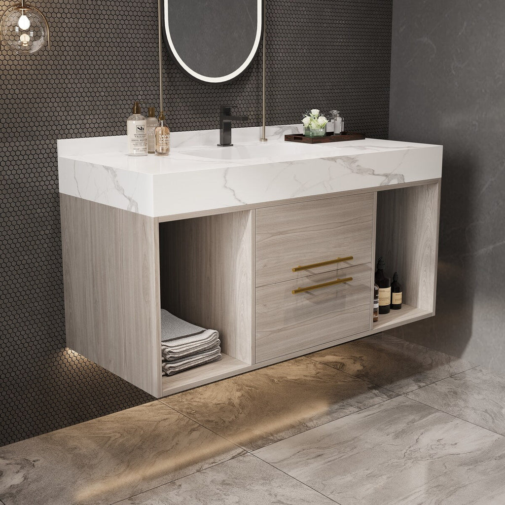 Mobile bagno sospeso da 39,4'' con lavabo in ceramica, mobile sospeso a parete, 2 cassetti con chiusura ammortizzata e piano in ardesia bianca - 39'4 x 18'9