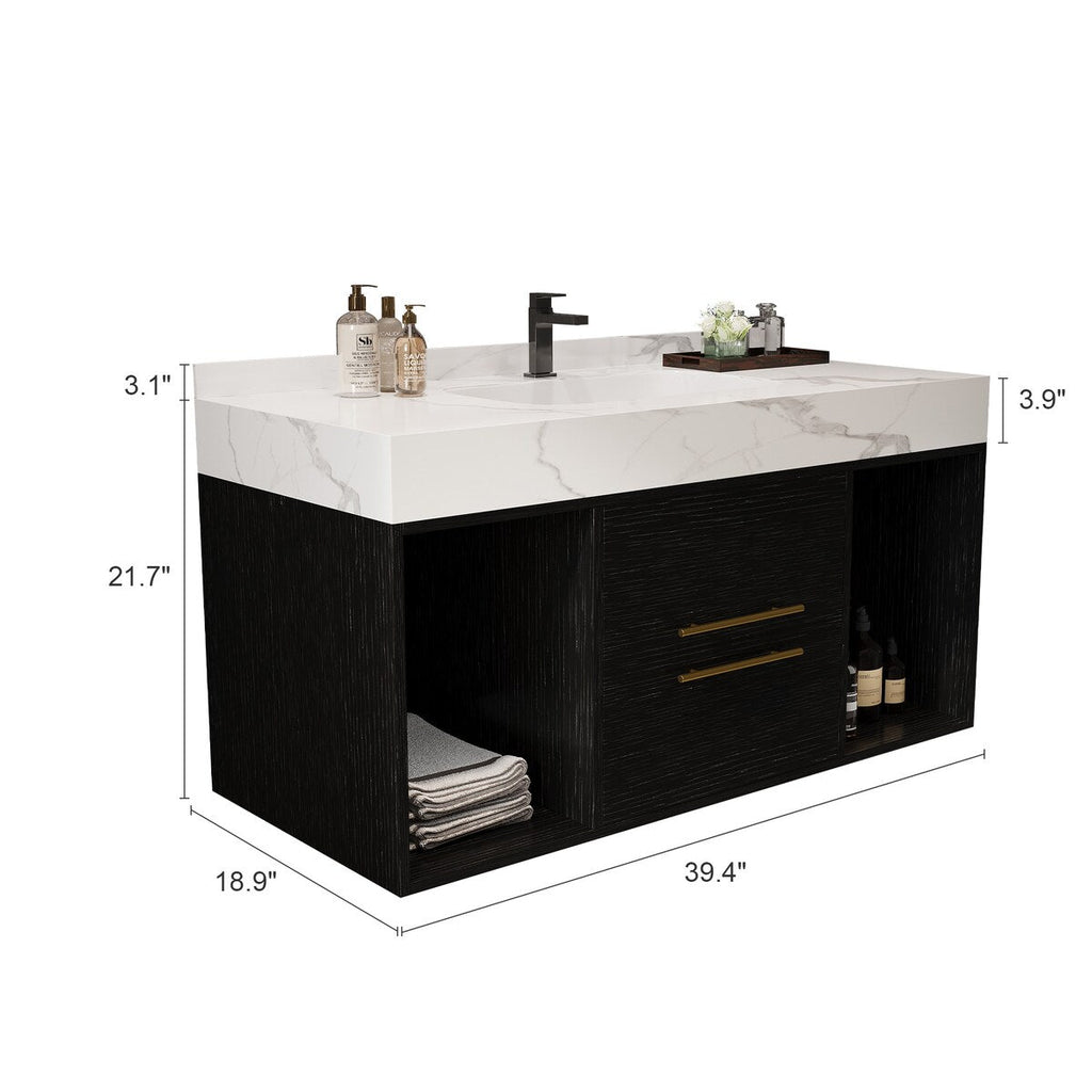 Mobile bagno sospeso da 39,4'' con lavabo in ceramica, mobile sospeso a parete, 2 cassetti con chiusura ammortizzata e piano in ardesia bianca - 39'4 x 18'9