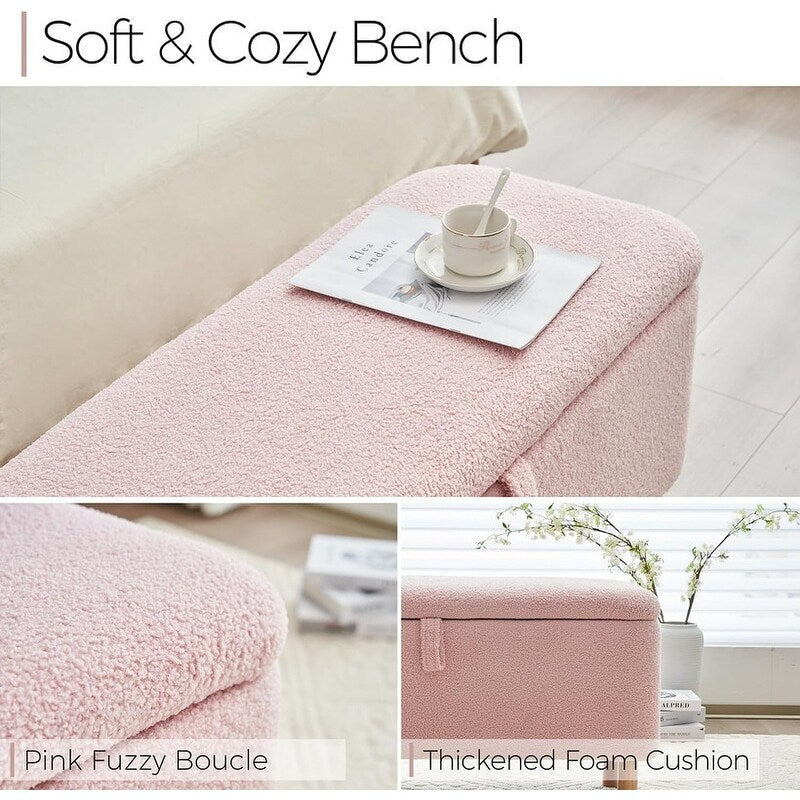 39,5 Panca contenitore Boucle bianco sporco, panca contenitore Sherpa, poggiapiedi per letto, per soggiorno, camera da letto, gambe in legno