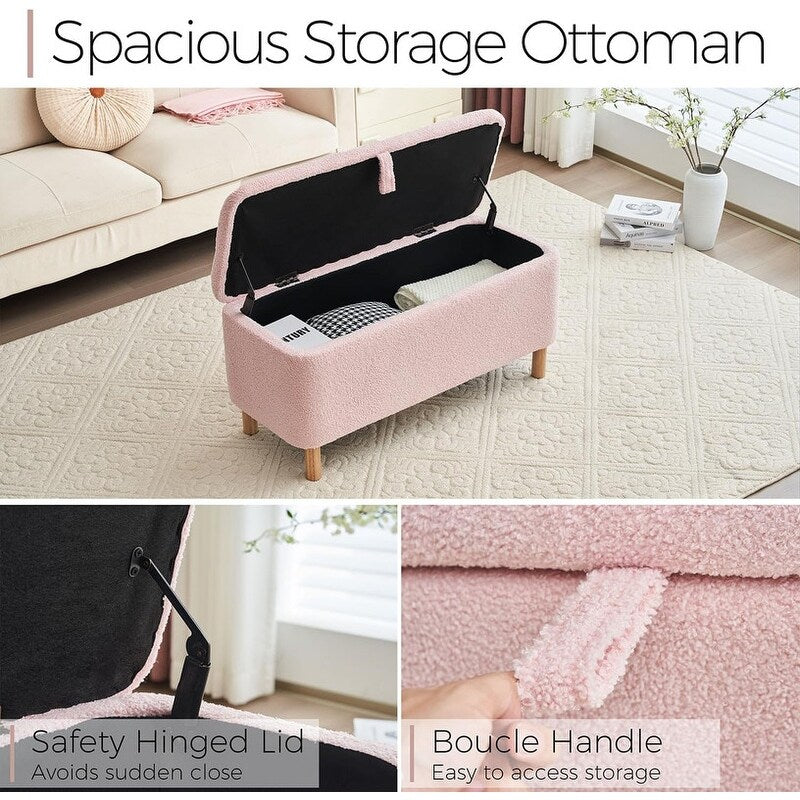 39,5 Panca contenitore Boucle bianco sporco, panca contenitore Sherpa, poggiapiedi per letto, per soggiorno, camera da letto, gambe in legno