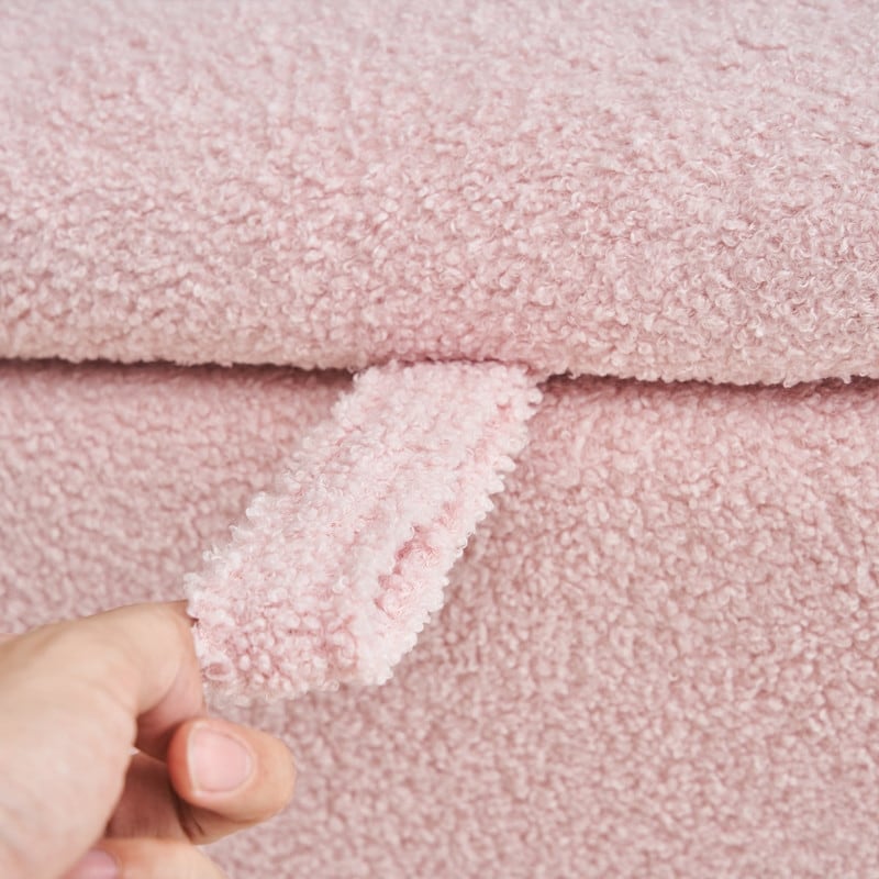 39,5 Panca contenitore Boucle bianco sporco, panca contenitore Sherpa, poggiapiedi per letto, per soggiorno, camera da letto, gambe in legno