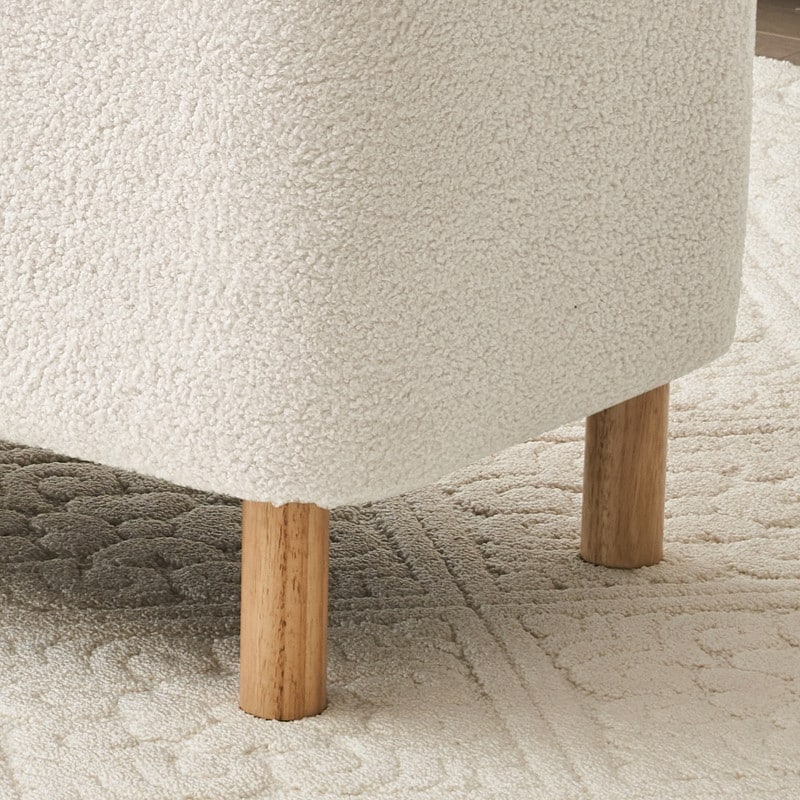 39,5 Panca contenitore Boucle bianco sporco, panca contenitore Sherpa, poggiapiedi per letto, per soggiorno, camera da letto, gambe in legno