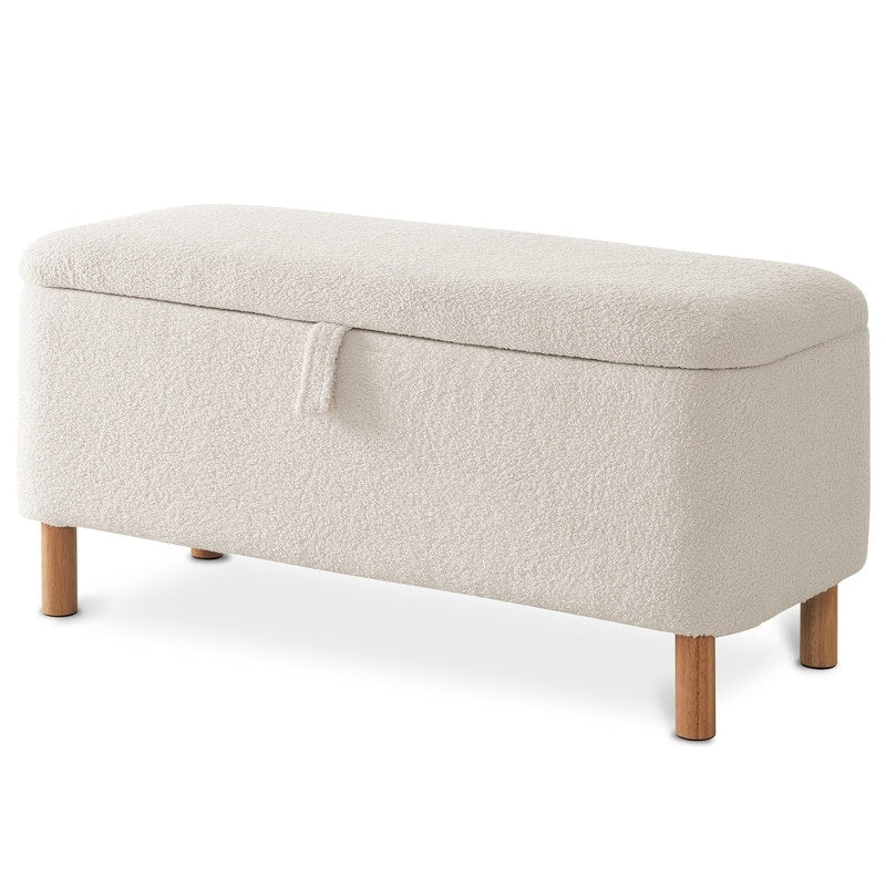 39,5 Panca contenitore Boucle bianco sporco, panca contenitore Sherpa, poggiapiedi per letto, per soggiorno, camera da letto, gambe in legno