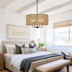 Lampadario a tamburo intrecciato a mano in stile bohémien a 4 luci - Paglia - 20 pollici di larghezza