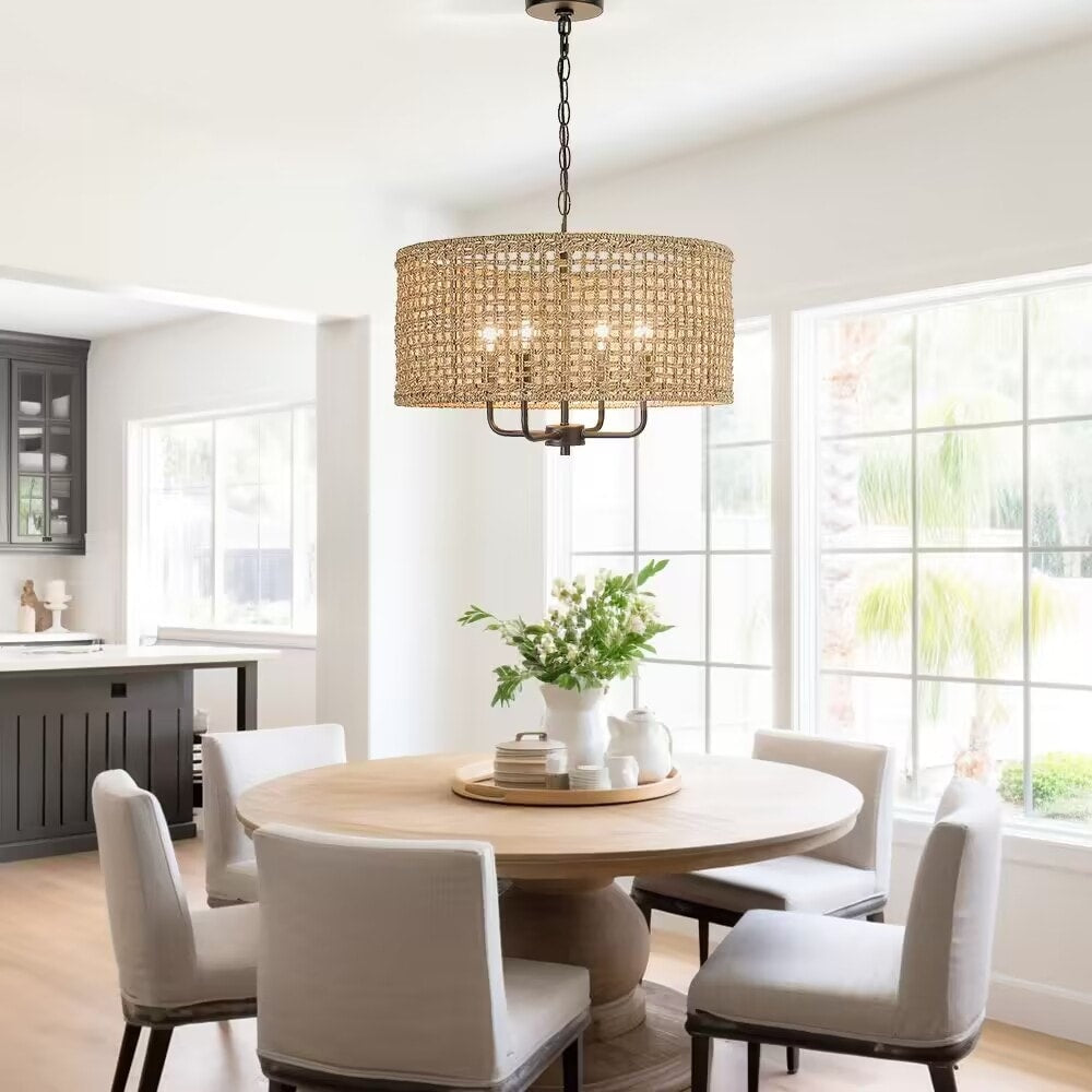 Lampadario a tamburo intrecciato a mano in stile bohémien a 4 luci - Paglia - 20 pollici di larghezza