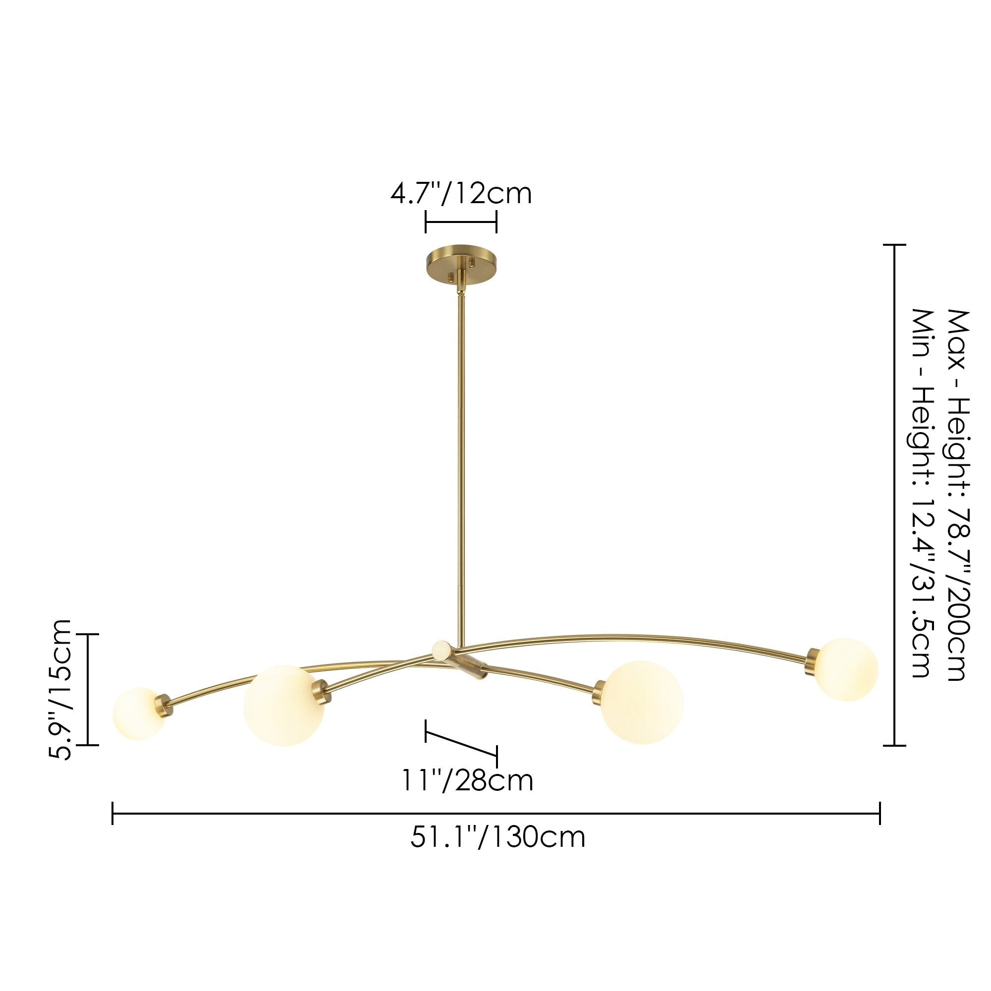 Lampada a sospensione lineare moderna Sputnik a 4 luci color oro/luce per sala da pranzo - 51,18 pollici di larghezza x 11,02 pollici di profondità x 5,91 pollici di altezza