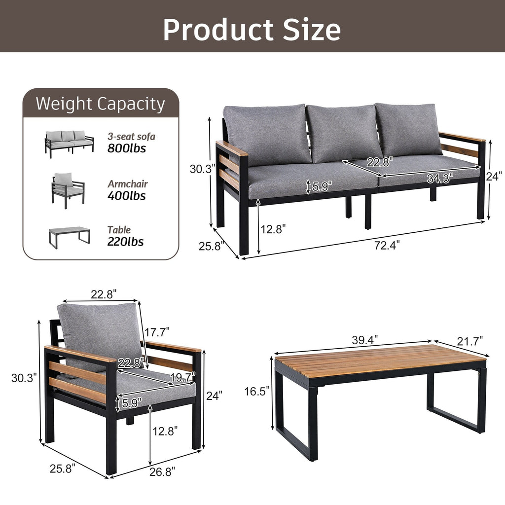 Set di divani da esterno da 4 pezzi per 5 persone con cuscino rimovibile e tavolino da caffè in legno massello