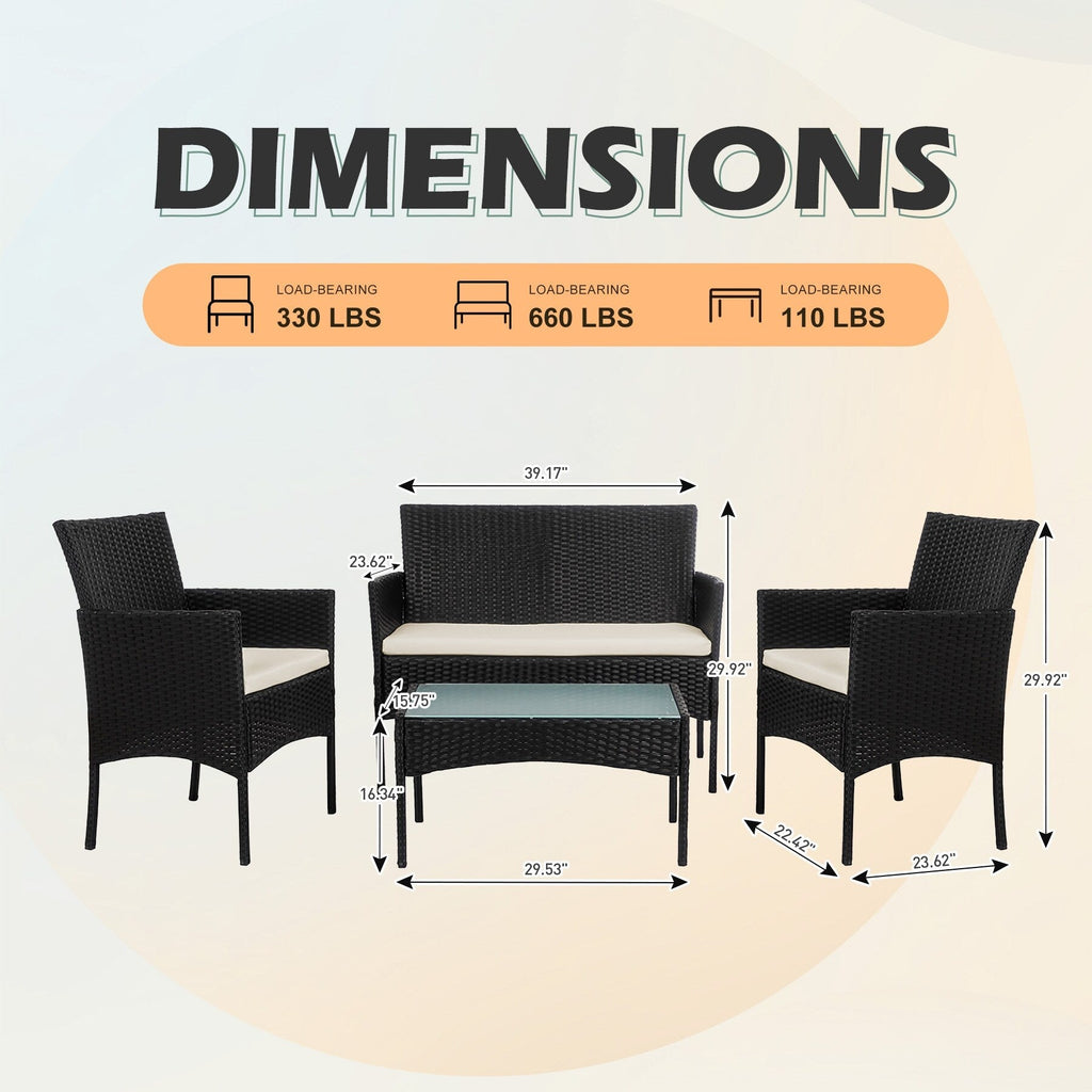 Set di 4 mobili da giardino in vimini per conversazione, set di mobili da esterno in rattan con cuscini