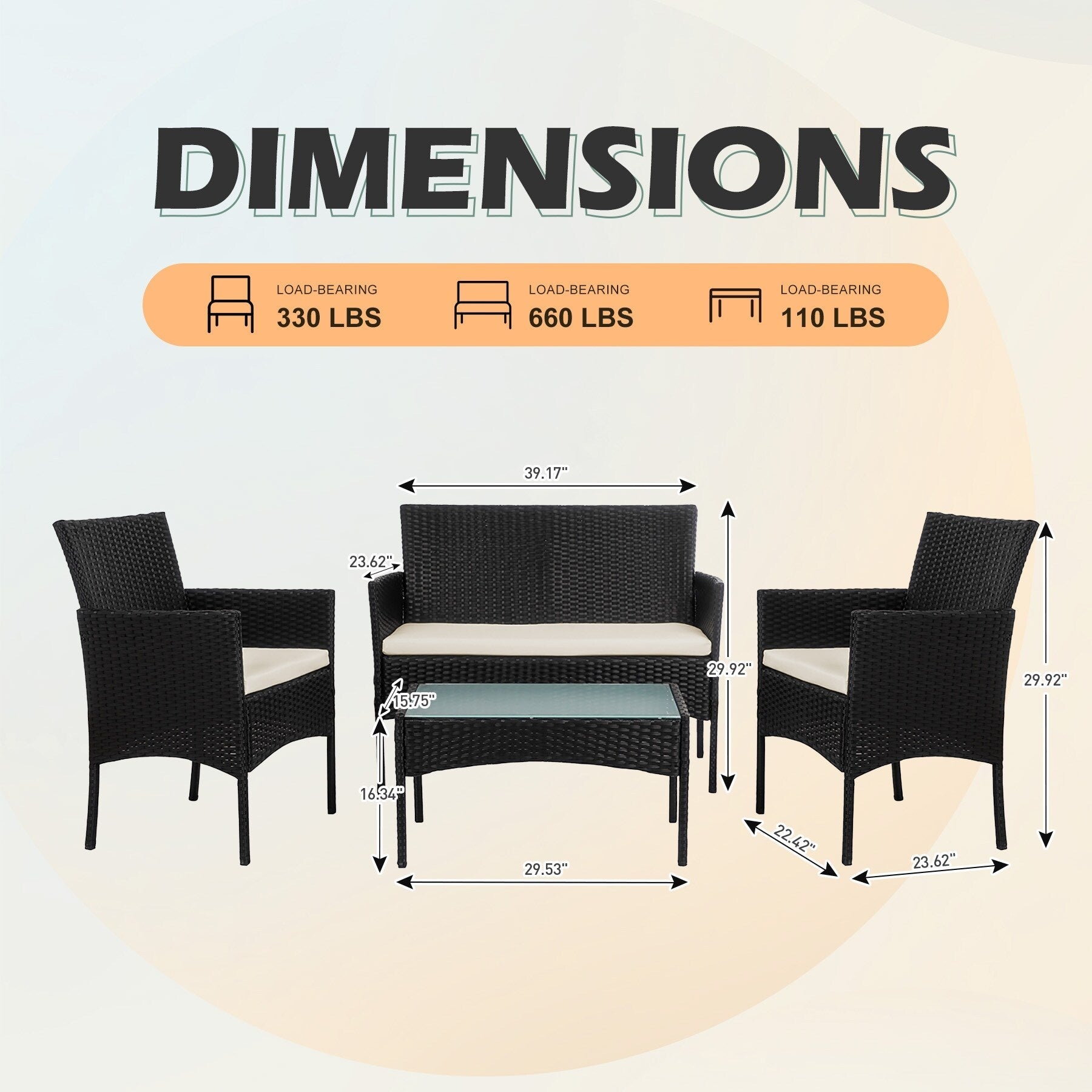 Set di 4 mobili da giardino in vimini per conversazione, set di mobili da esterno in rattan con cuscini