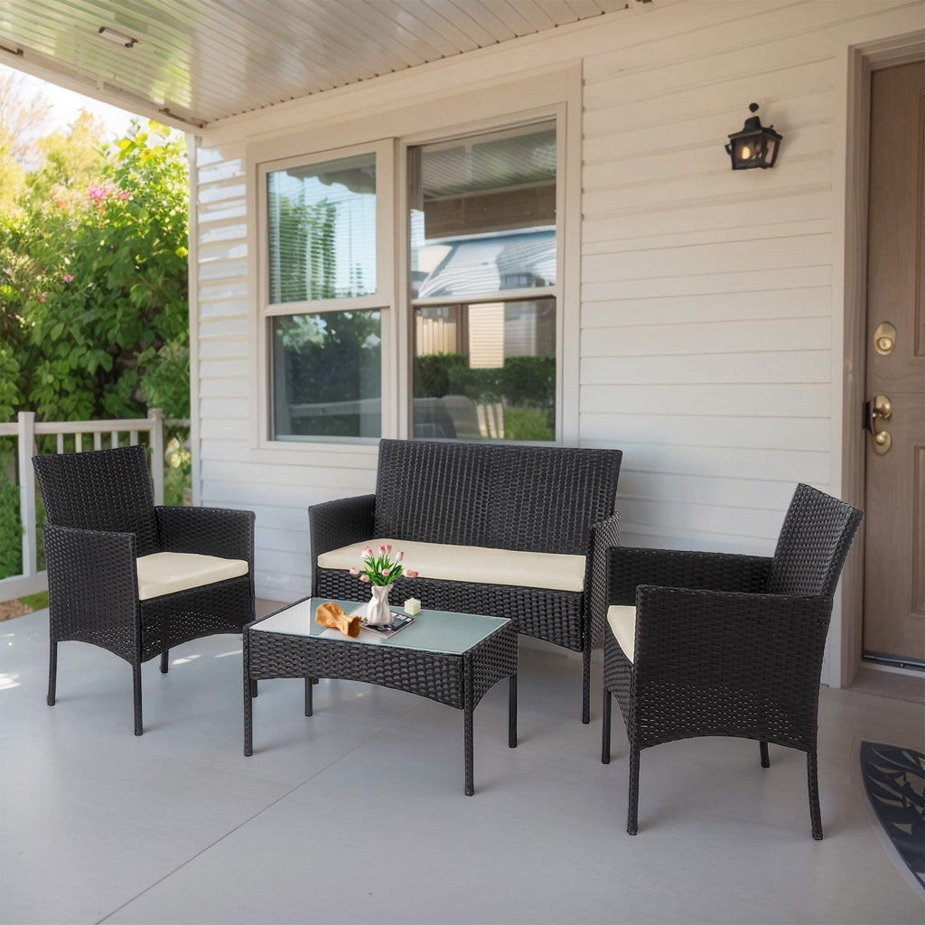 Set di 4 mobili da giardino in vimini per conversazione, set di mobili da esterno in rattan con cuscini