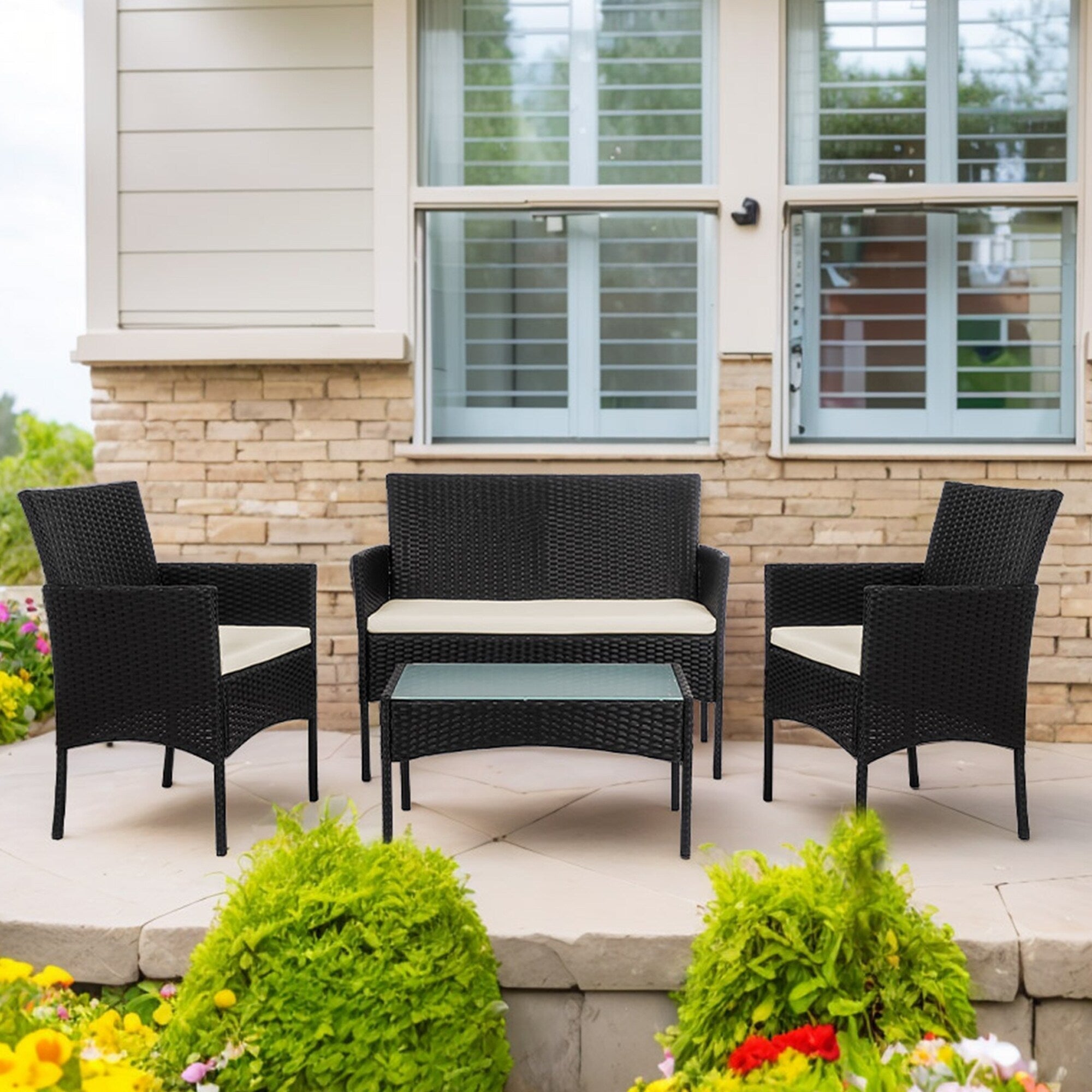 Set di 4 mobili da giardino in vimini per conversazione, set di mobili da esterno in rattan con cuscini