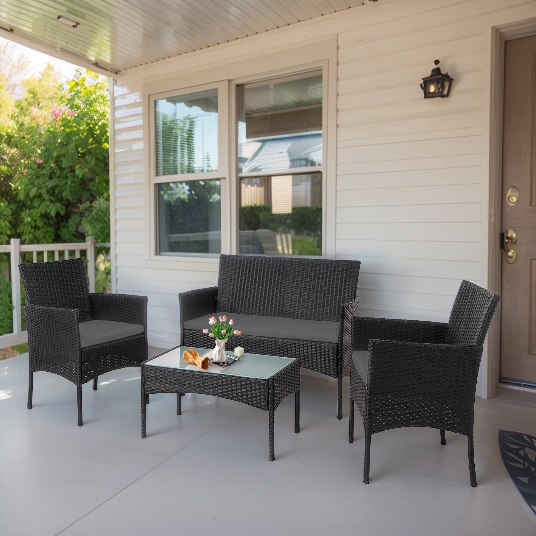 Set di 4 mobili da giardino in vimini per conversazione, set di mobili da esterno in rattan con cuscini