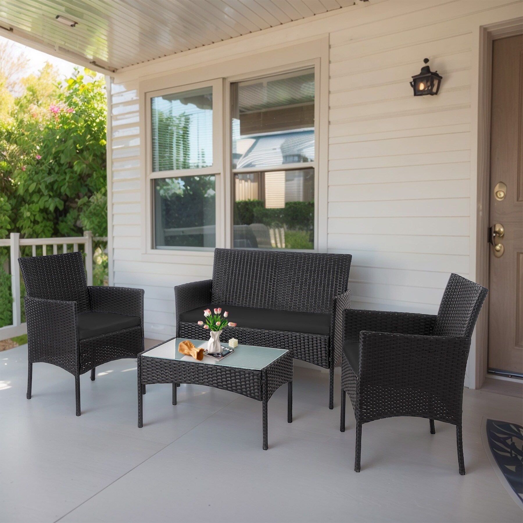 Set di 4 mobili da giardino in vimini per conversazione, set di mobili da esterno in rattan con cuscini