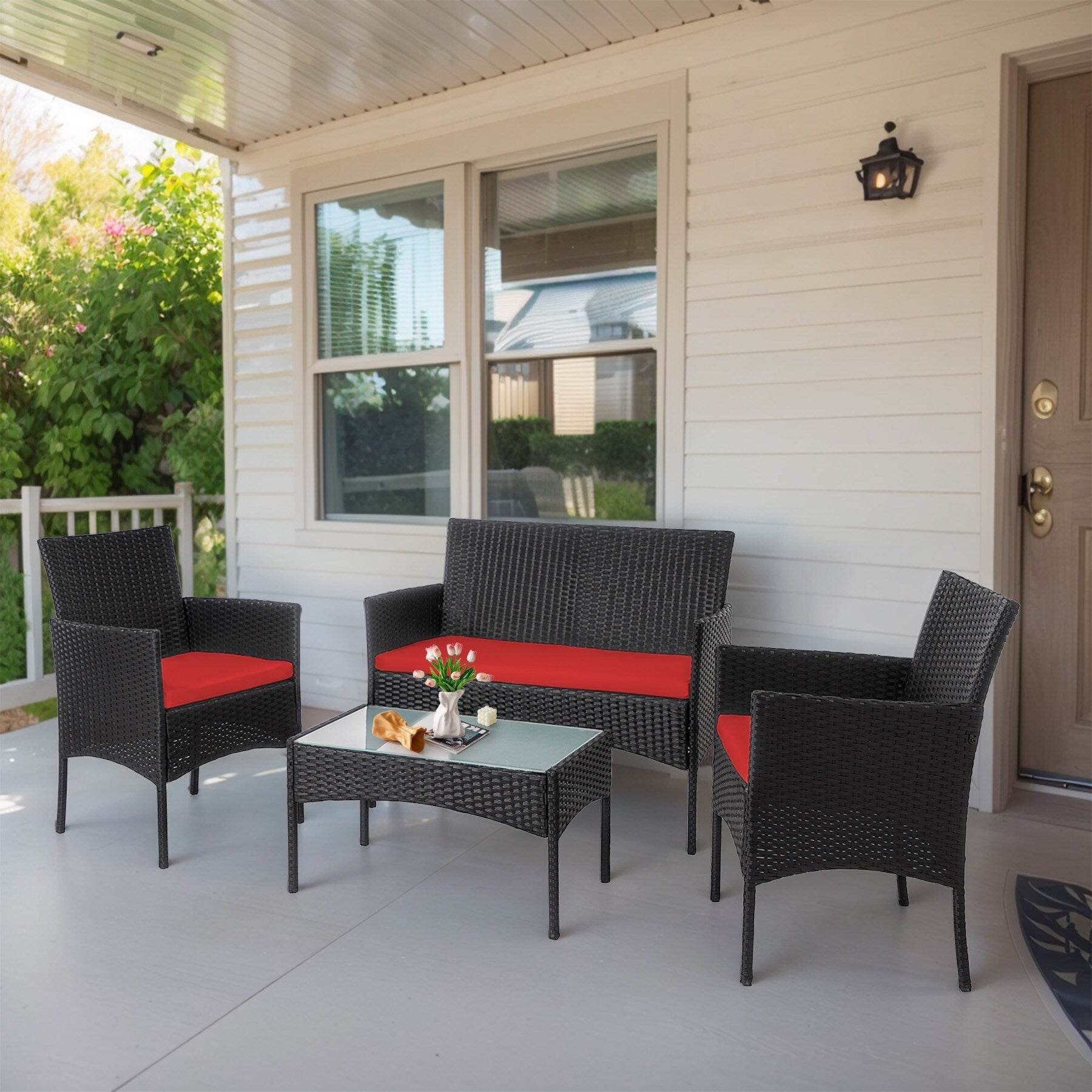 Set di 4 mobili da giardino in vimini per conversazione, set di mobili da esterno in rattan con cuscini