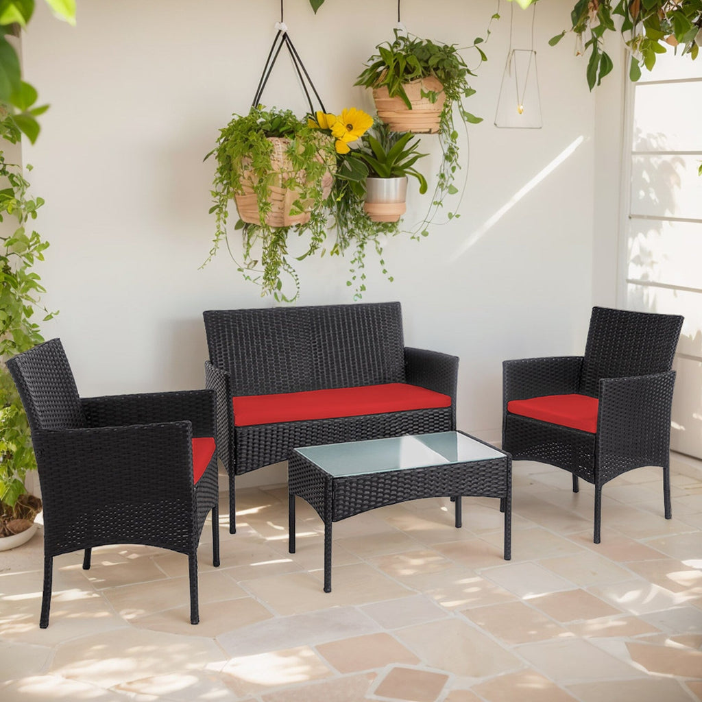 Set di 4 mobili da giardino in vimini per conversazione, set di mobili da esterno in rattan con cuscini