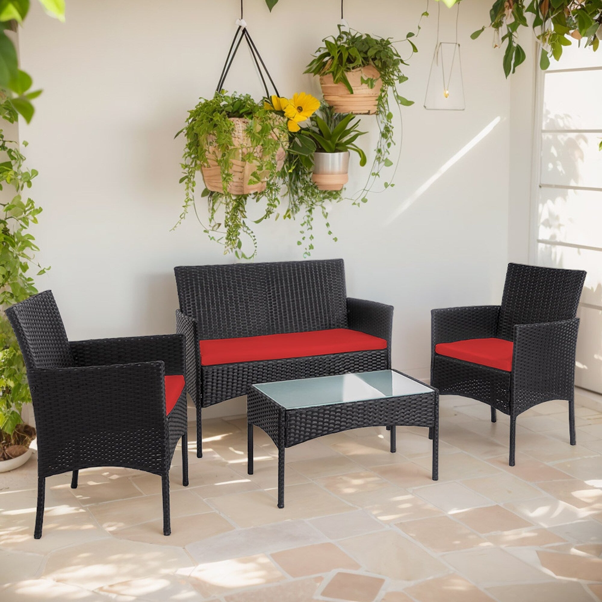 Set di 4 mobili da giardino in vimini per conversazione, set di mobili da esterno in rattan con cuscini