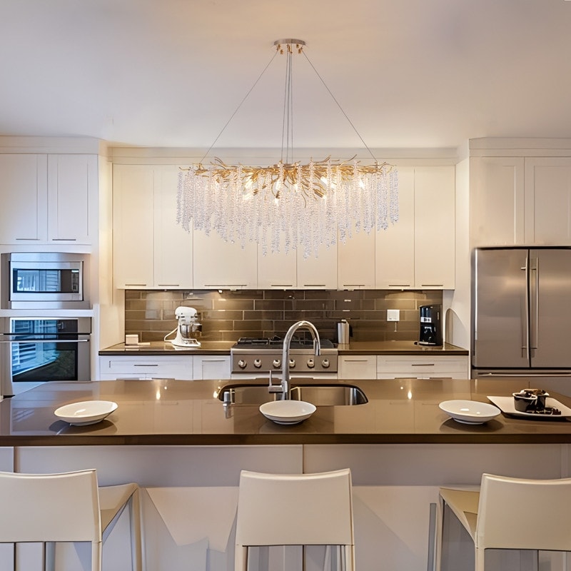 Lampadario rettangolare moderno in cristallo dorato da 40 pollici con rami di albero, lampadario per isola cucina, lampada a sospensione per sala da pranzo