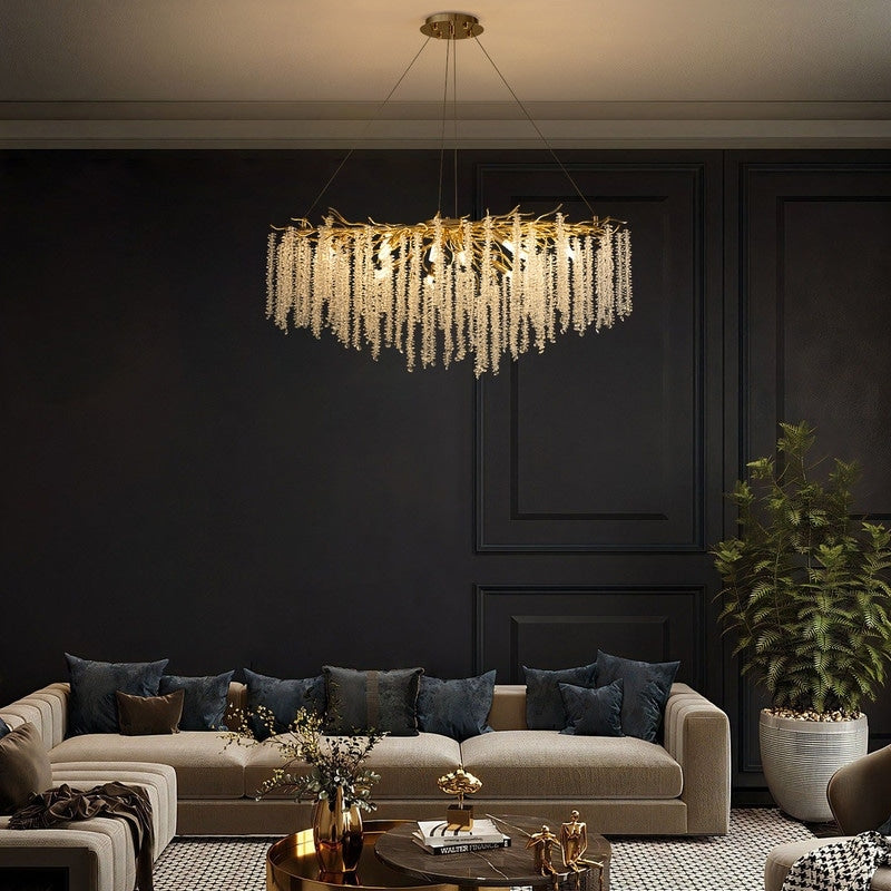 Lampadario rettangolare moderno in cristallo dorato da 40 pollici con rami di albero, lampadario per isola cucina, lampada a sospensione per sala da pranzo