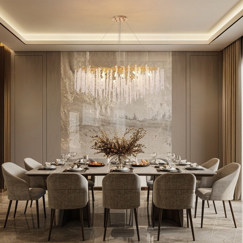 Lampadario rettangolare moderno in cristallo dorato da 40 pollici con rami di albero, lampadario per isola cucina, lampada a sospensione per sala da pranzo