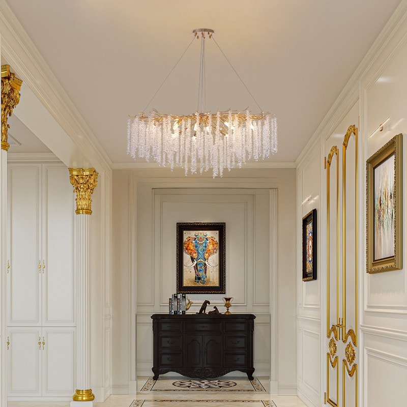 Lampadario rettangolare moderno in cristallo dorato da 40 pollici con rami di albero, lampadario per isola cucina, lampada a sospensione per sala da pranzo