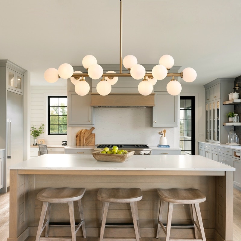 Lampadario lineare moderno di metà secolo da 40 pollici, lampada a sospensione Sputnik in ottone dorato a 16 luci con globo in vetro smerigliato per sala da pranzo