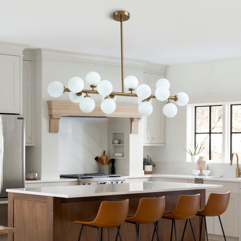 Lampadario lineare moderno di metà secolo da 40 pollici, lampada a sospensione Sputnik in ottone dorato a 16 luci con globo in vetro smerigliato per sala da pranzo