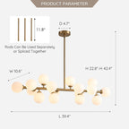 Lampadario lineare moderno di metà secolo da 40 pollici, lampada a sospensione Sputnik in ottone dorato a 16 luci con globo in vetro smerigliato per sala da pranzo