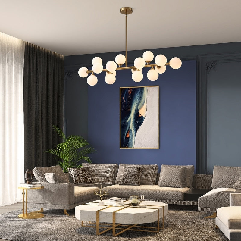 Lampadario lineare moderno di metà secolo da 40 pollici, lampada a sospensione Sputnik in ottone dorato a 16 luci con globo in vetro smerigliato per sala da pranzo