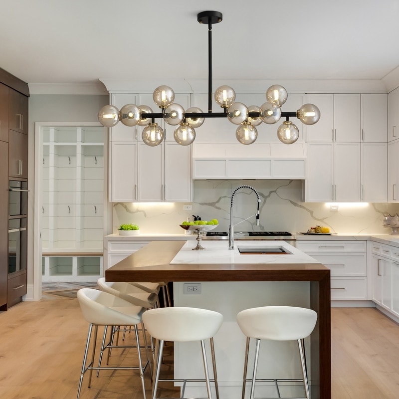 Lampadario lineare moderno di metà secolo da 40 pollici, lampada a sospensione Sputnik in ottone dorato a 16 luci con globo in vetro smerigliato per sala da pranzo