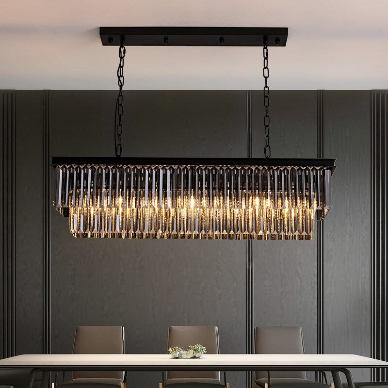 Lampadario moderno contemporaneo in cristallo grigio fumé e nero da 47 pollici, a 2 livelli, con isola da cucina lineare, per sala da pranzo