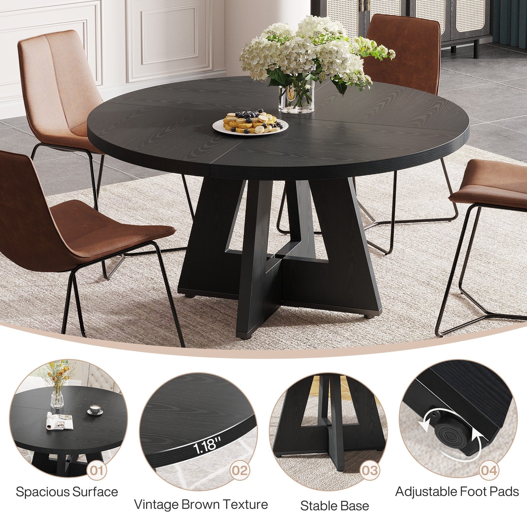 Tavolo da pranzo rotondo da 47 pollici per 4 persone, tavolo da cucina in stile rustico, piccolo tavolo da pranzo, tavolo da cucina in legno per sala da pranzo e soggiorno