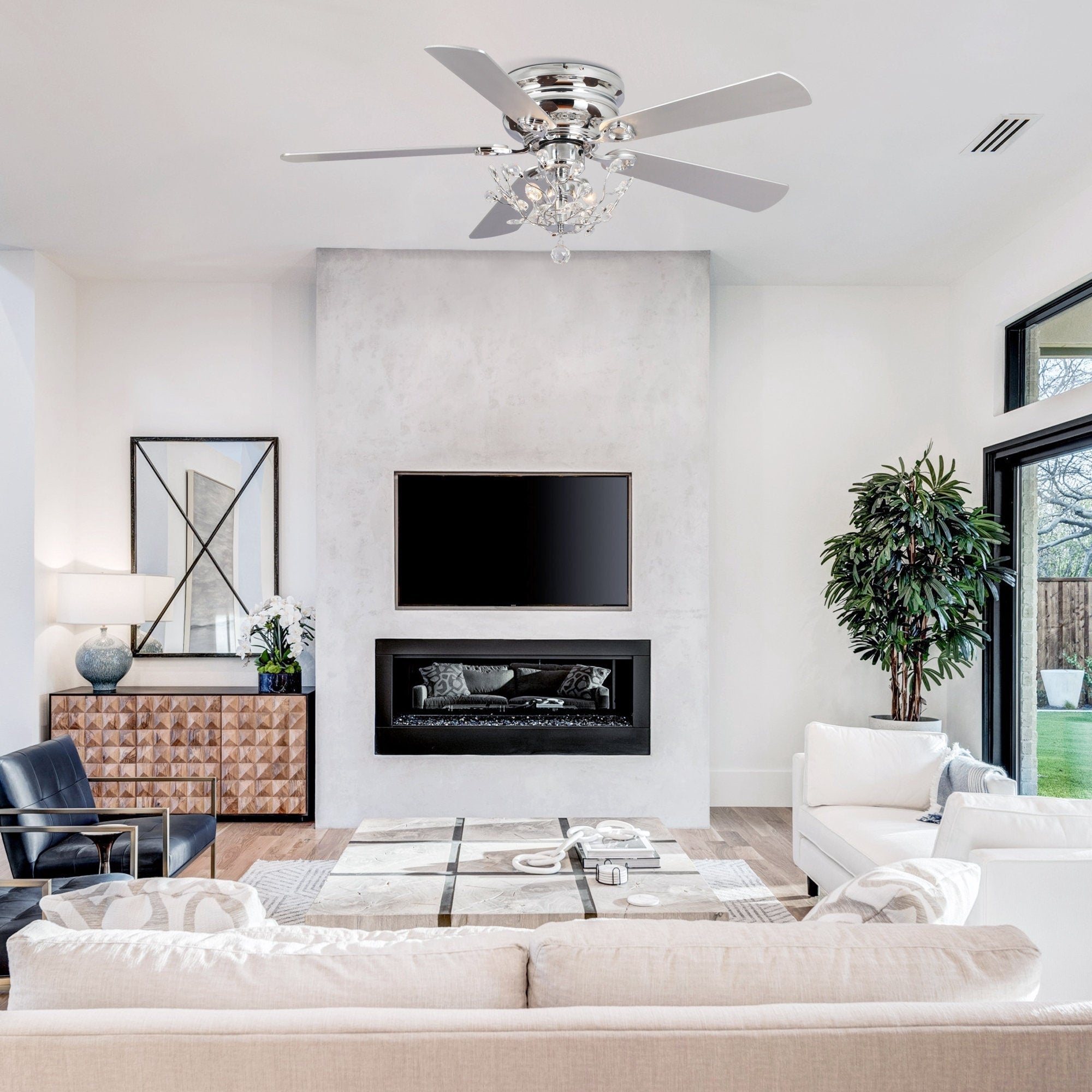 Ventilatore da soffitto moderno reversibile a 5 pale in cristallo con telecomando