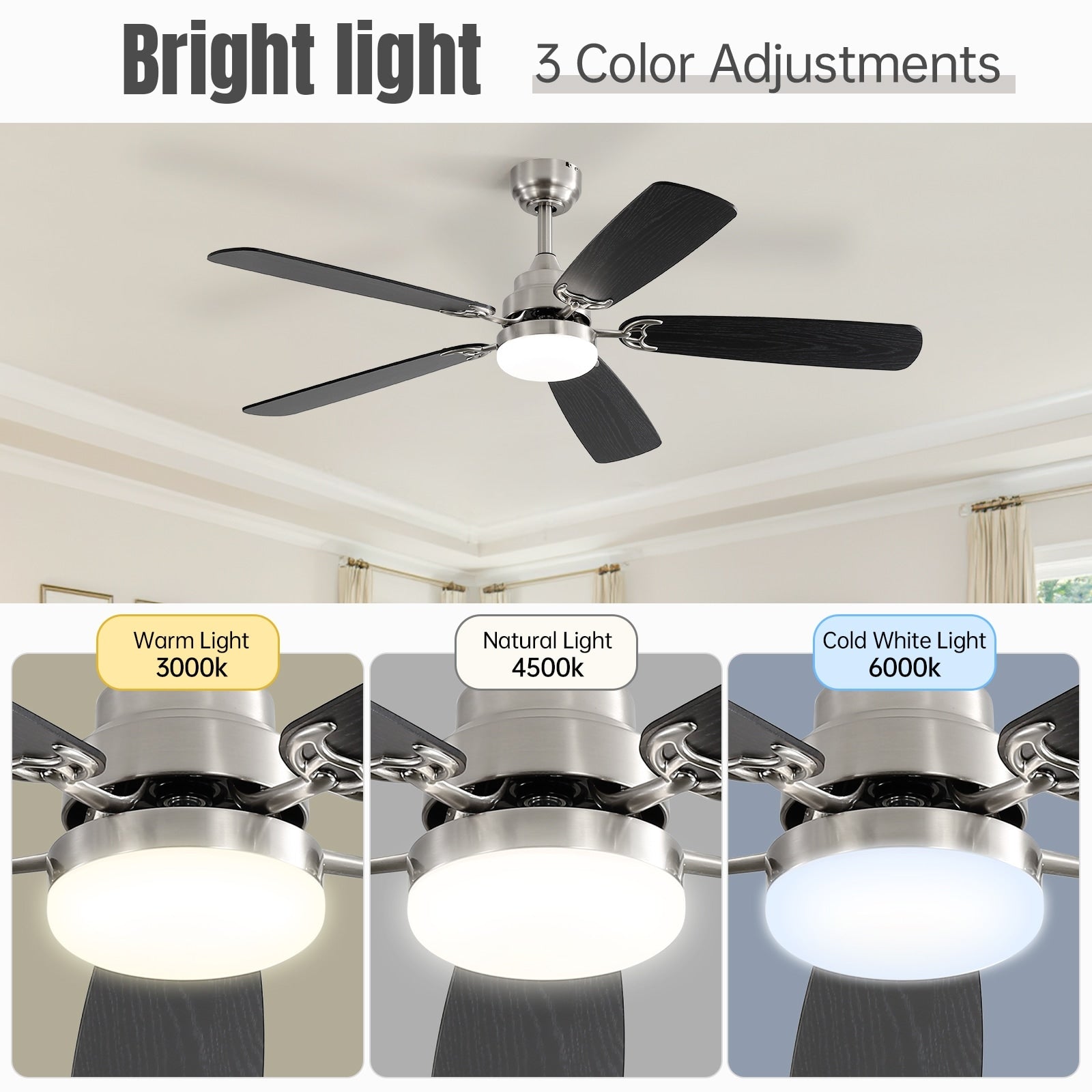 Ventilatore da soffitto a LED integrato da 48 e 52 pollici con luce e telecomando, motore CC reversibile