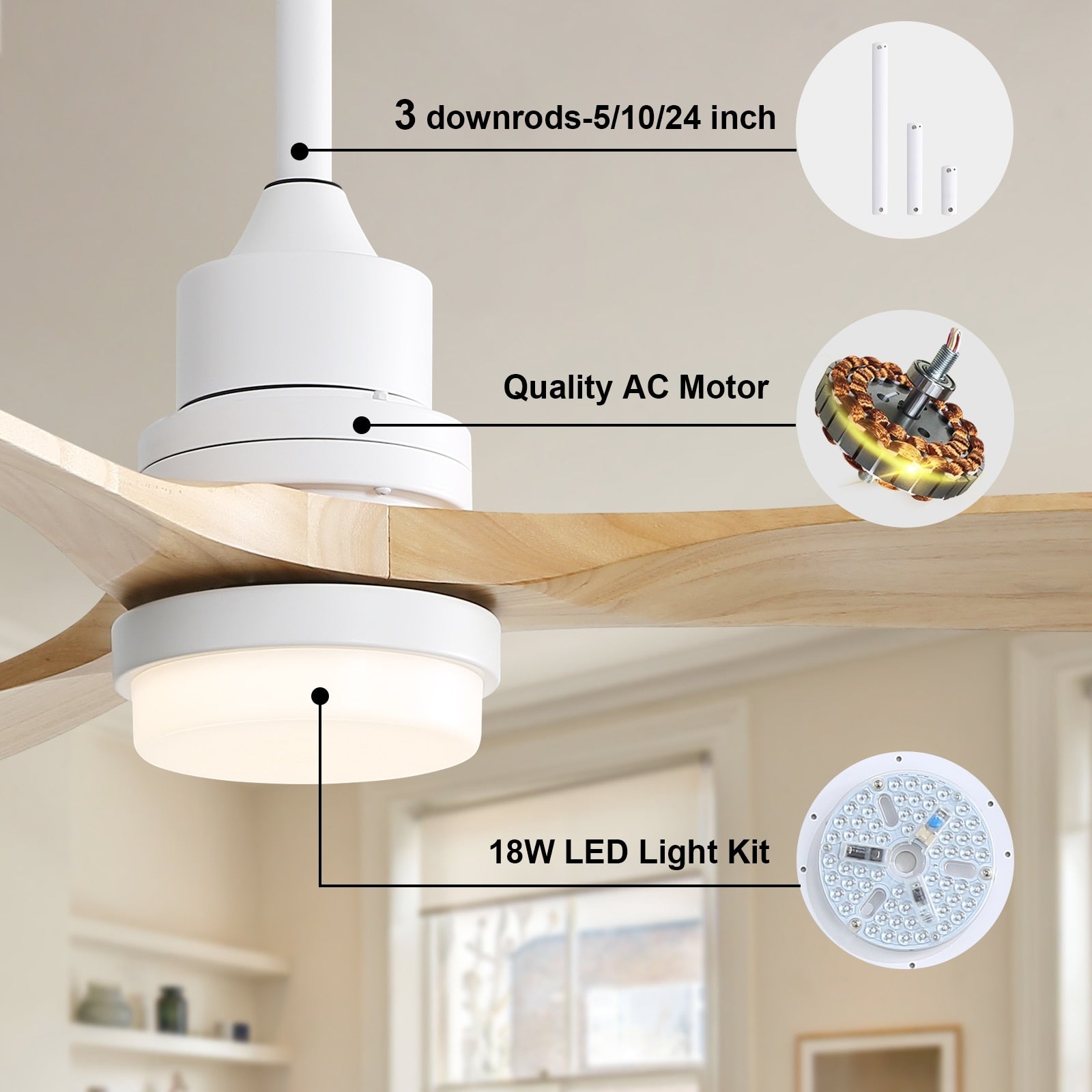 Ventilatore da soffitto a LED integrato da 48 e 52 pollici con luce e telecomando, motore CC reversibile