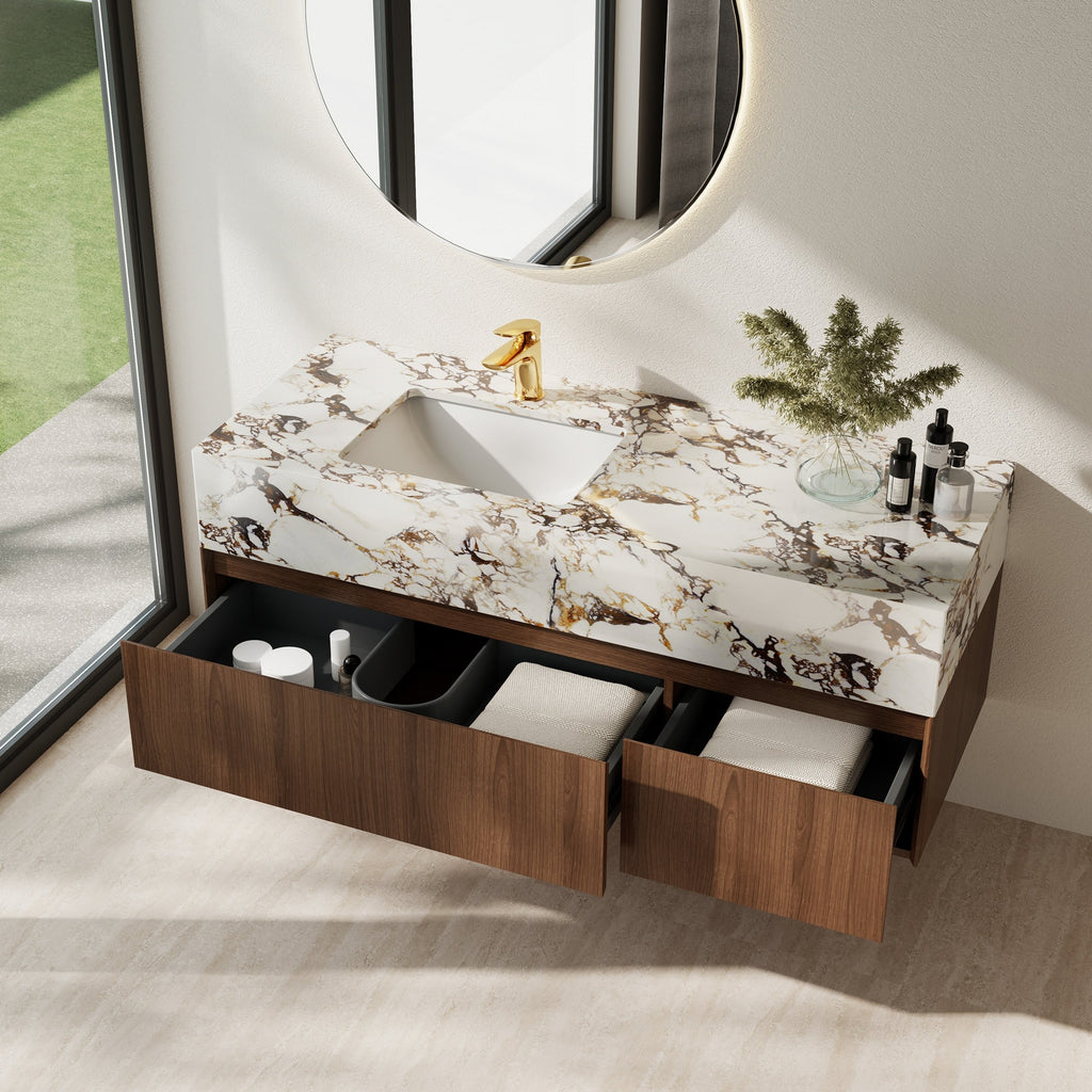 Mobile bagno singolo moderno da 48'', con piano in finto marmo lucido, legno massello