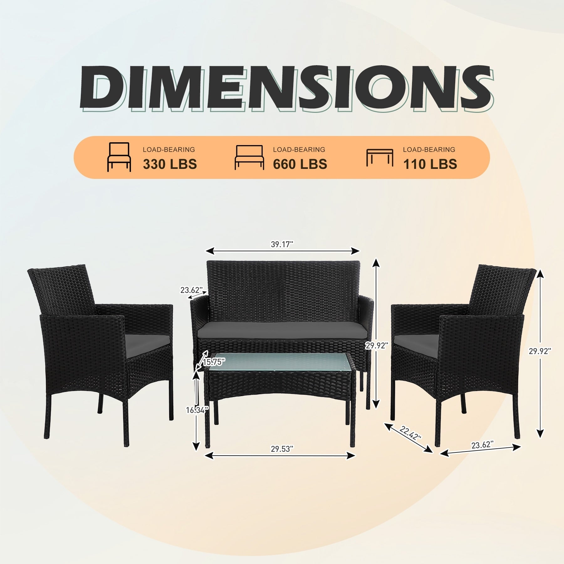 Set di 4 mobili da giardino in vimini per conversazione, set di mobili da esterno in rattan con cuscini