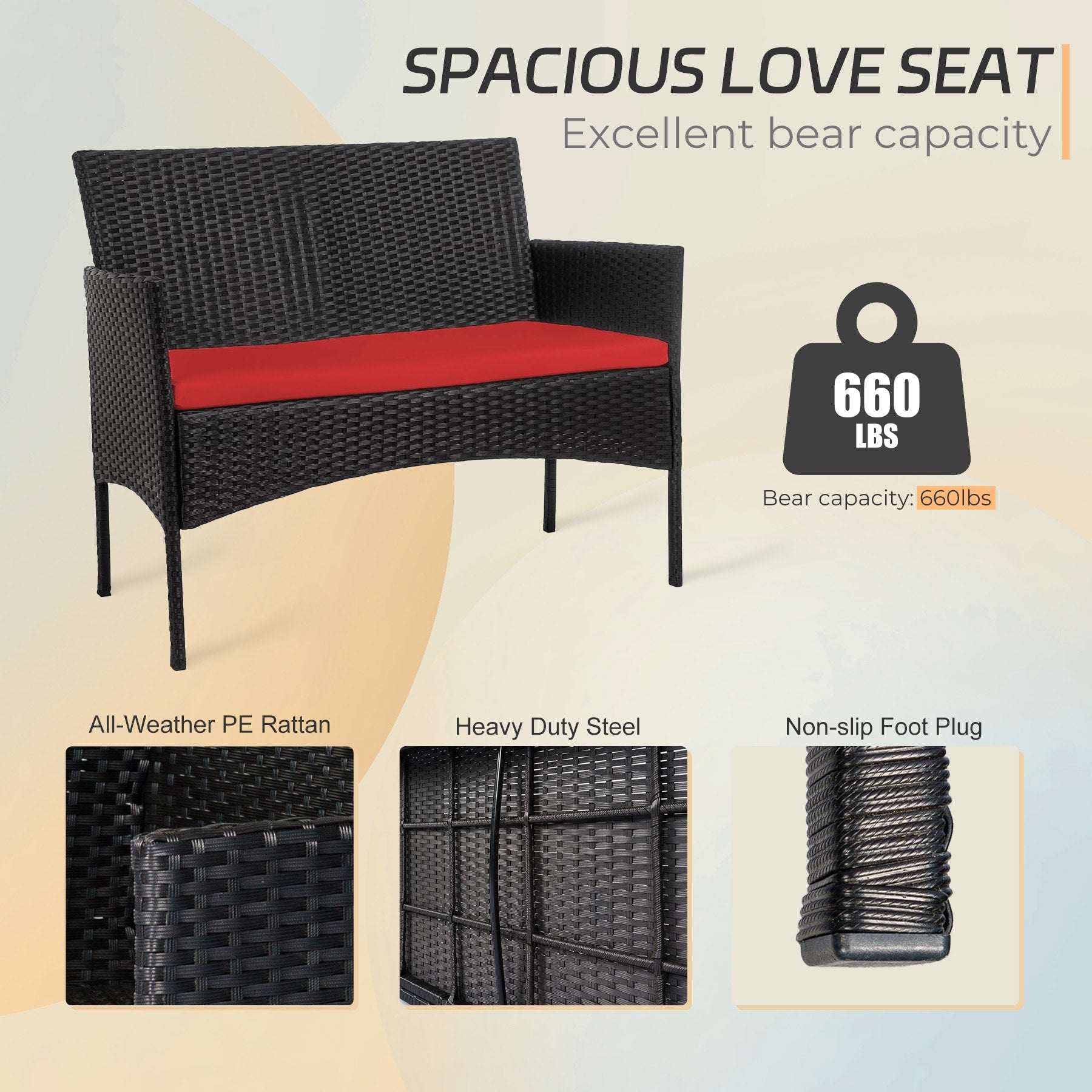 Set di 4 mobili da giardino in vimini per conversazione, set di mobili da esterno in rattan con cuscini