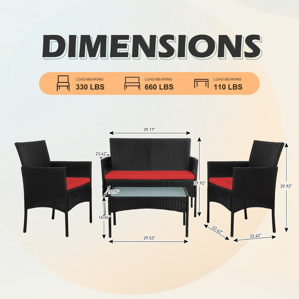 Set di 4 mobili da giardino in vimini per conversazione, set di mobili da esterno in rattan con cuscini