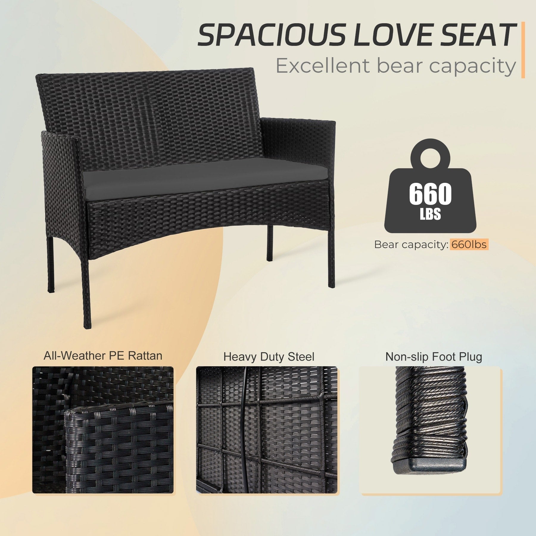 Set di 4 mobili da giardino in vimini per conversazione, set di mobili da esterno in rattan con cuscini