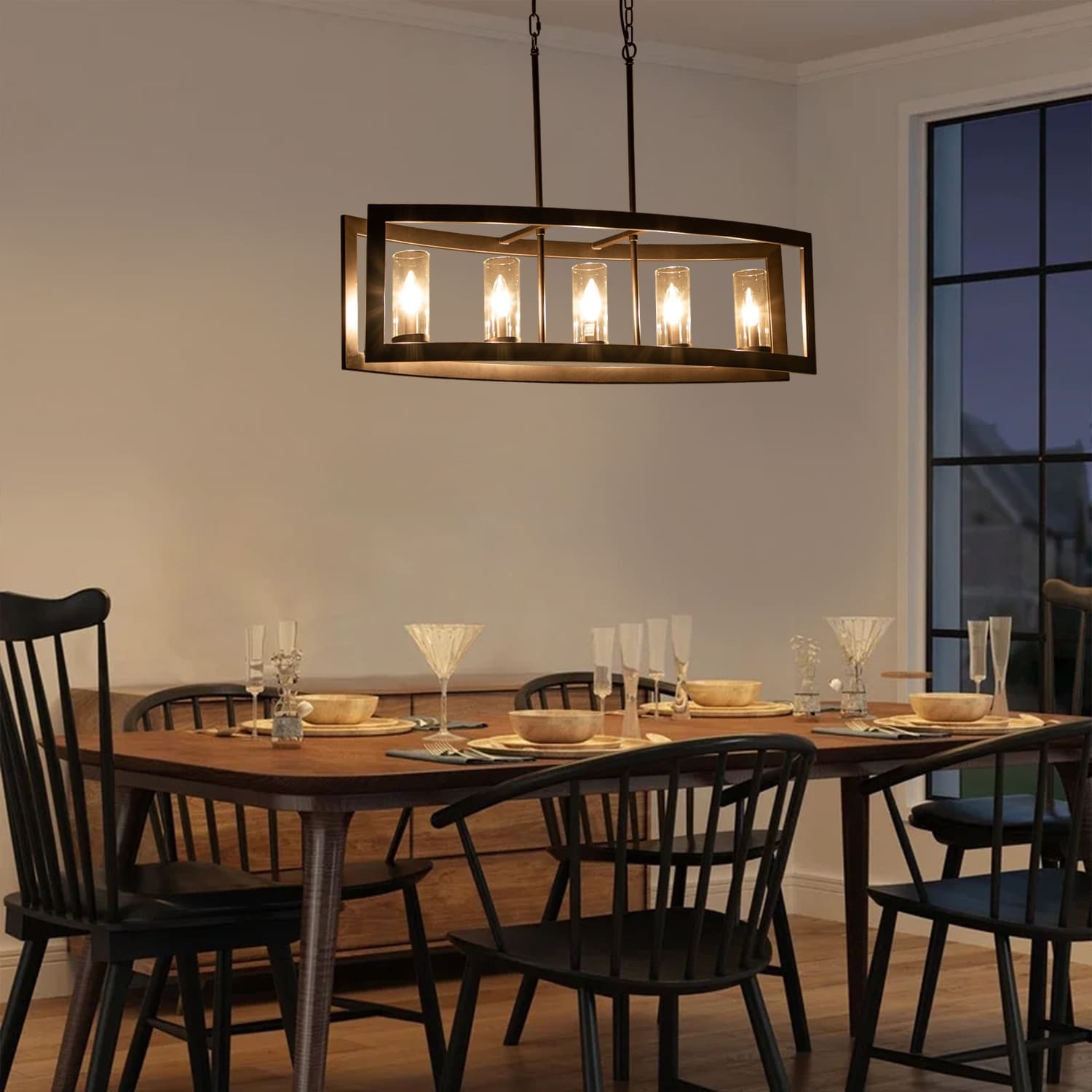Lampadario lineare industriale moderno a 5 luci per sala da pranzo, lampadario cilindrico in vetro trasparente, luci per isola cucina