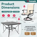 Set da pranzo per esterni in metallo da 5 pezzi con tavolo quadrato e sedie girevoli in textilene