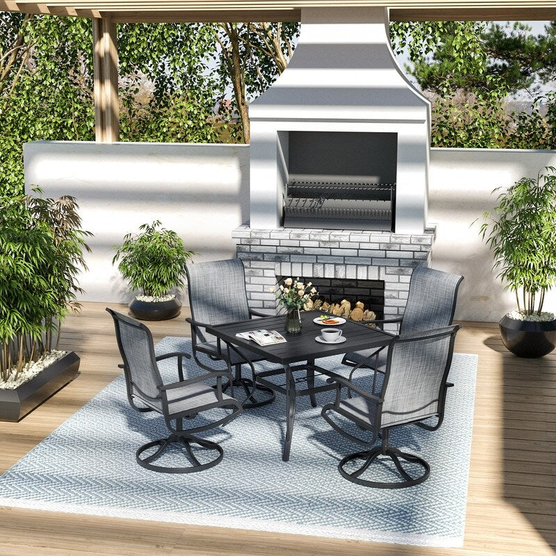 Set da pranzo per esterni in metallo da 5 pezzi con tavolo quadrato e sedie girevoli in textilene