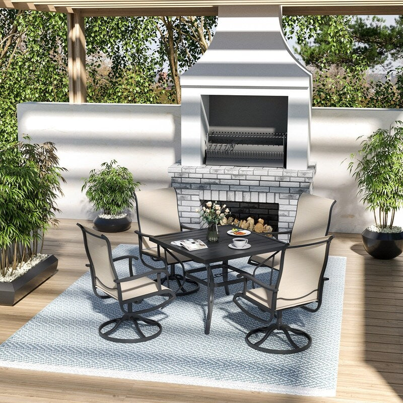 Set da pranzo per esterni in metallo da 5 pezzi con tavolo quadrato e sedie girevoli in textilene