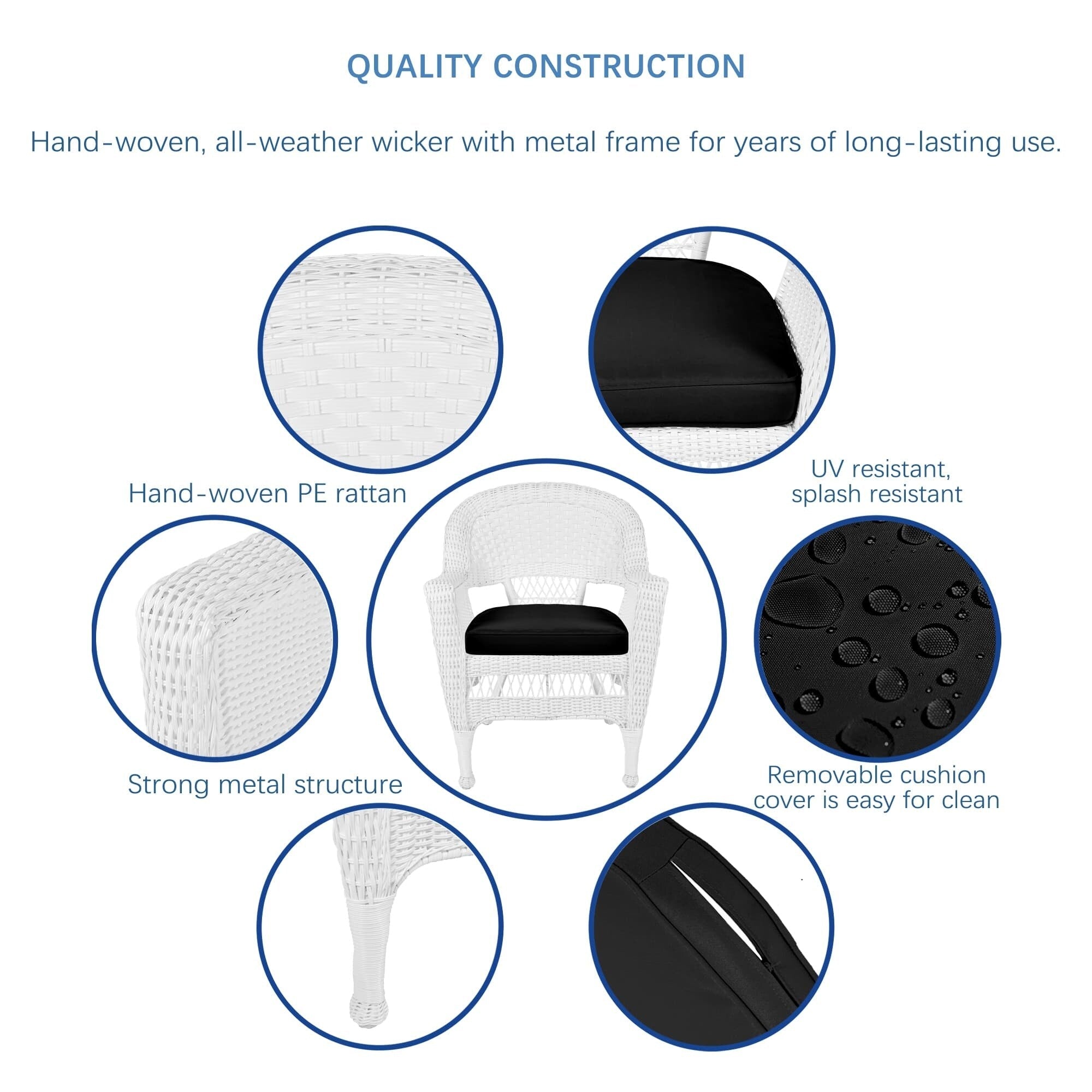 Set da pranzo in vimini bianco in resina da 5 pezzi